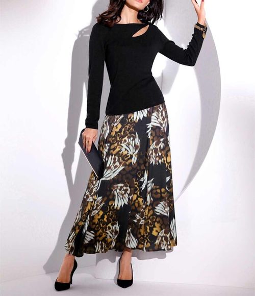 Maxi sukňa s potlačou Création L, čierno-bielo-hnedá