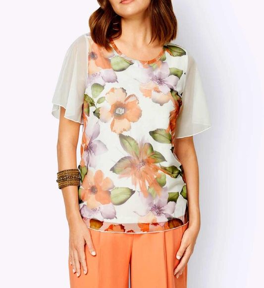 Dvojvrstvové tričko s kvetinovou potlačou Création L, krémovo-farebné