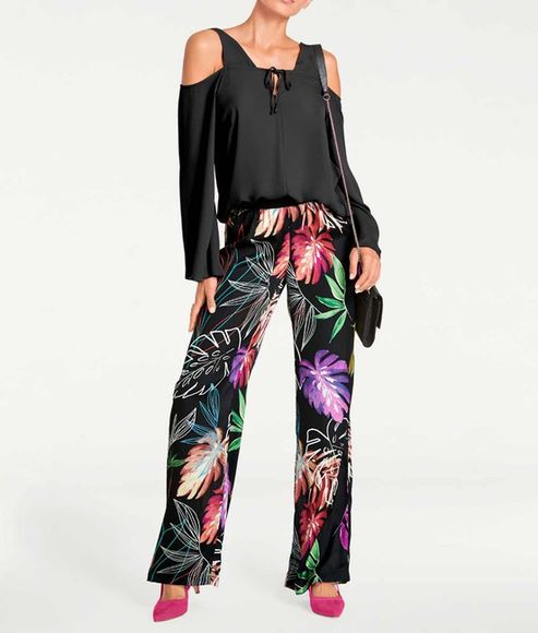 Saténové nohavice s kvetovanou potlačou Création L, čierno-farebné