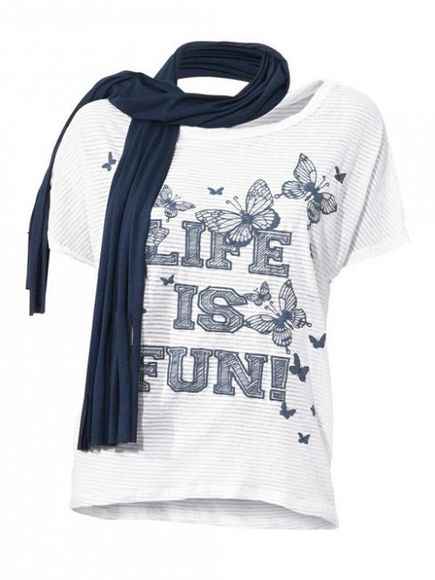 Pruhované tričko so šálom a potlačou HEINE, bielo-modra